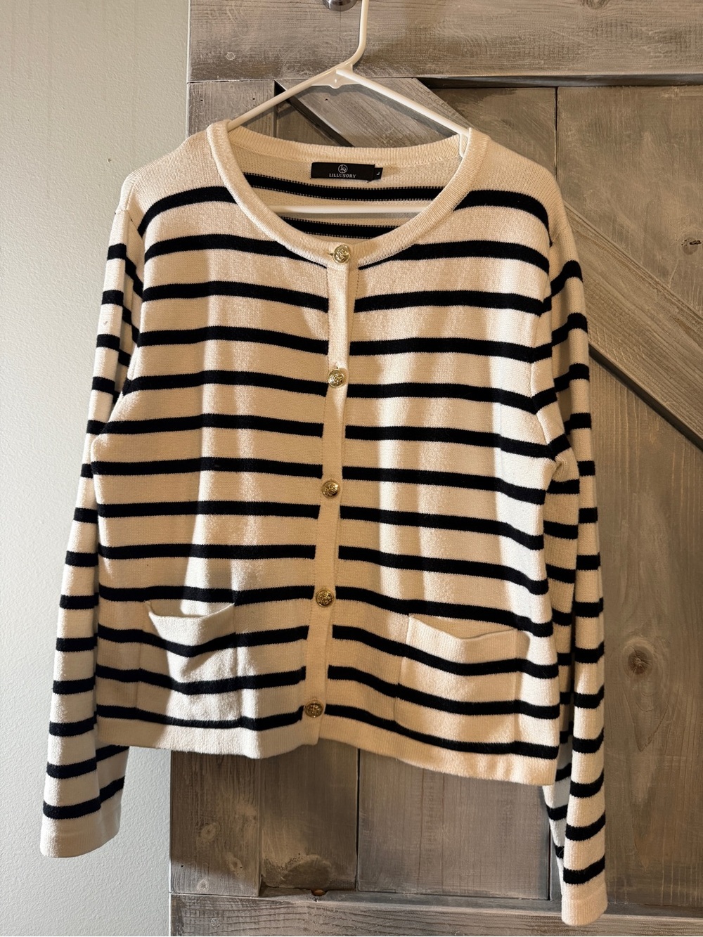 Striped Crewneck Cardigan Sweater - Cream & Black